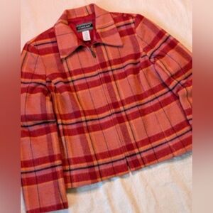 Vintage 90s Mohair Wool Plaid blazer Lined Zip Jacket 12 orange red Nouveaux